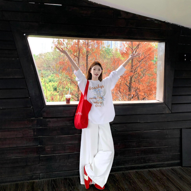 胖mm美式复古纯棉大码长袖t恤女2025新款秋宽松韩版慵懒风打底衫|undefined