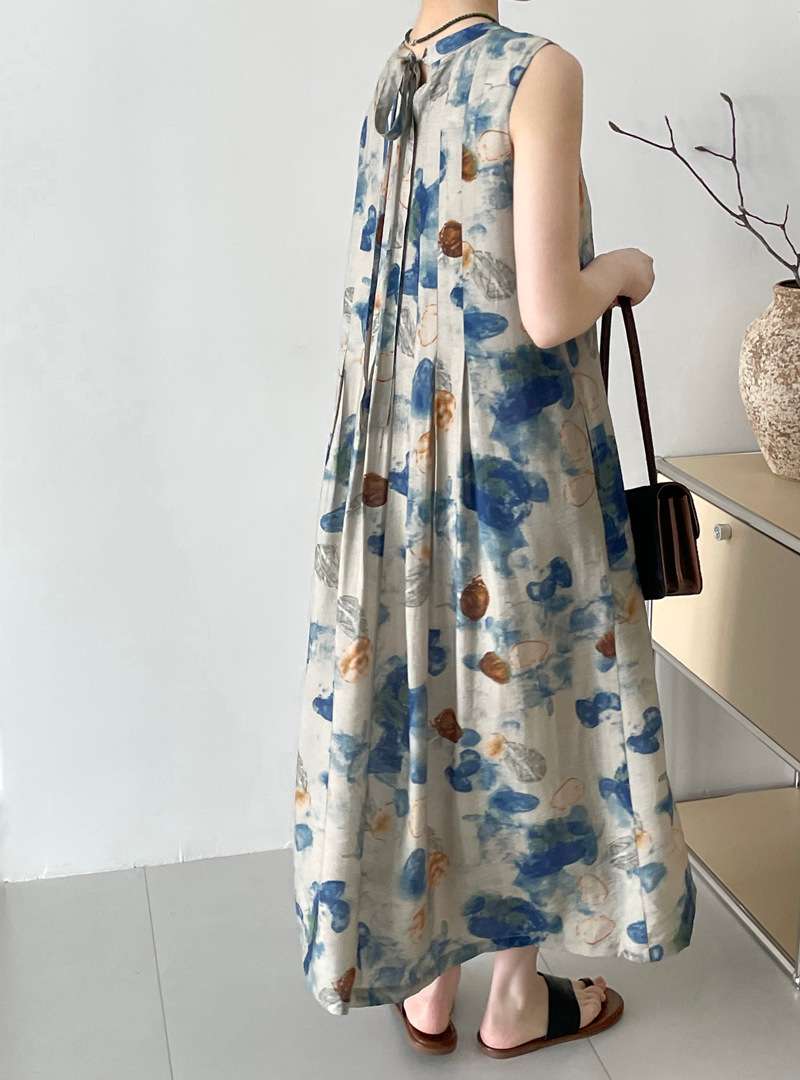 タオカワレトロ新中国風インク汚れバックレースアッププリーツプリントノースリーブベストドレス女性のための 2572