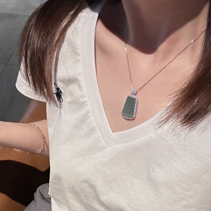 Mặt dây chuyền ngọc bích tự nhiên A hàng xanh nước biển không làm gì, khung bạc sterling đính đá