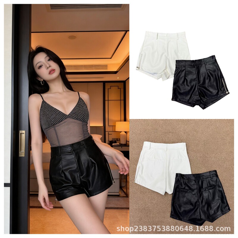 Sexy High-Waisted Pu Leather Shorts for Women, Leg-Lengthening Side Metal Zipper Leather Pants, Slim Boot Shorts, Hot Pants Sexy High-Waisted Pu Leather Shorts for Women, Leg-Lengthening Side Metal Zipper Leather Pants, Slim Boot Shorts, Hot Pants