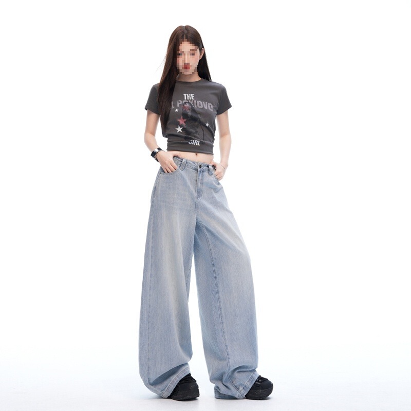 Spring and Summer New Casual Style Light Blue Cotton Slub Vertical Stripe Vintage Washed Handmade Low-Waist Loose Jeans for Women Spring and Summer New Casual Style Light Blue Cotton Slub Vertical Stripe Vintage Washed Handmade Low-Waist Loose Jeans for Women