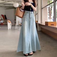 浅蓝色气质高腰牛仔半身裙女装2025春季美式大码外搭显瘦a字长裙