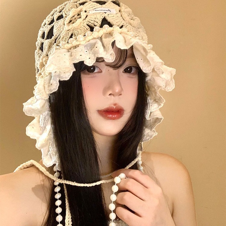 2025日系新甜美珍珠镂空花朵针织帽子女秋季时尚花边流苏手编织帽|undefined