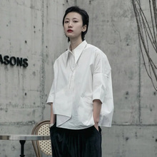 慵懒风宽松短袖黑色衬衫女夏季设计感小众不规则七分袖bf衬衣上衣