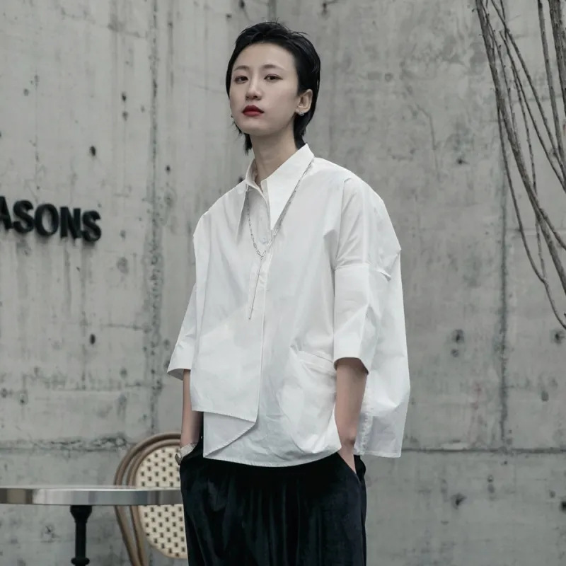 Lazy Style Loose Short-Sleeved Black Shirt Women's Summer Design Niche Asymmetrical Three-Quarter Sleeve Bf Shirt Top