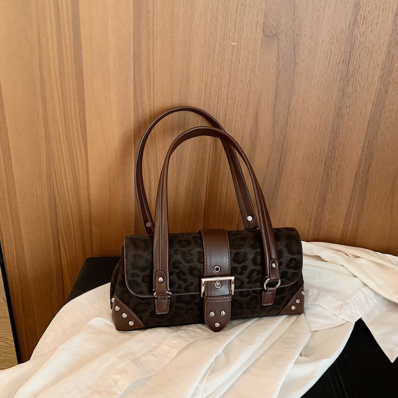 Leopard Studded Buckle Flap Baguette Shoulder Bag 6