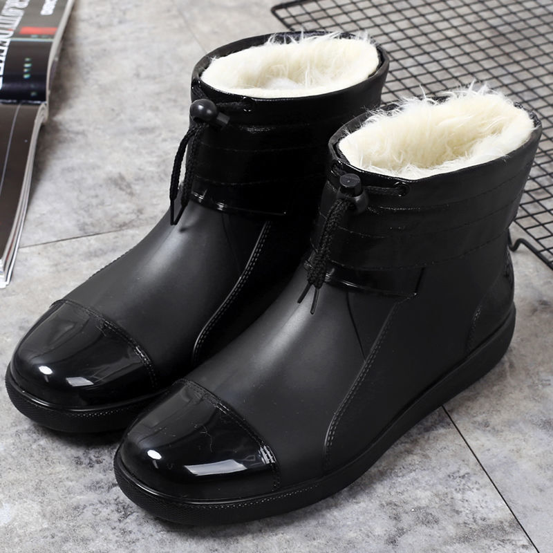 Rain shoes man Short tube Plush Large Low wear-resisting waterproof Overshoes Boots kitchen non-slip Car Wash work Rubber shoes
