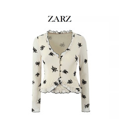 ZARZは欧米風の新型婦人服の経典の花のvネックのハスの葉の縁の網の紗の上着のカーディガンを自作します。
