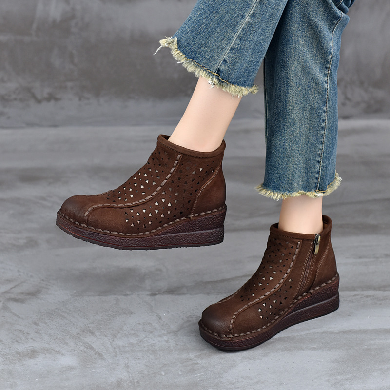 Sandals Hollow Breathable Martin Boots Retro Thick Bottom Wedge Heel Casual Fashion High Top Flat Leather Naked Boots Hole Shoes