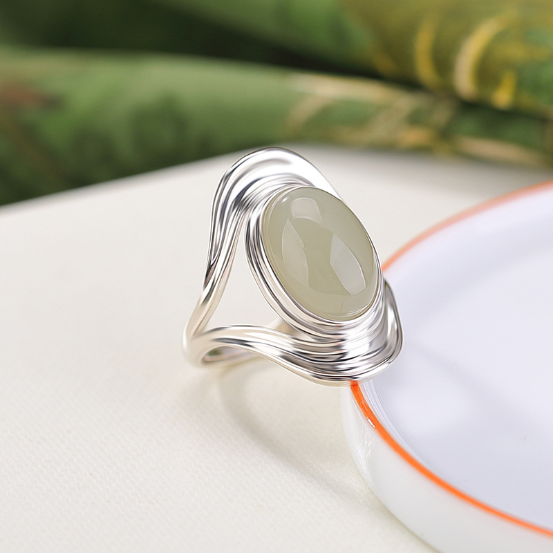 Nhẫn nữ bạc S925 đính ngọc Hetian tự nhiên hình bầu dục cabochon phong cách tối giản — một mảnh