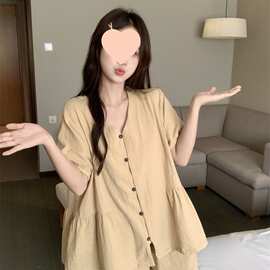 ins夏季睡衣女款简约感复古纯色甜美短袖短裤家居服薄款套装