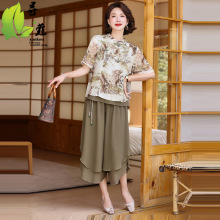 妈妈夏装套装雪纺小衫短袖T恤洋气中年女气质中式国风上衣两件套