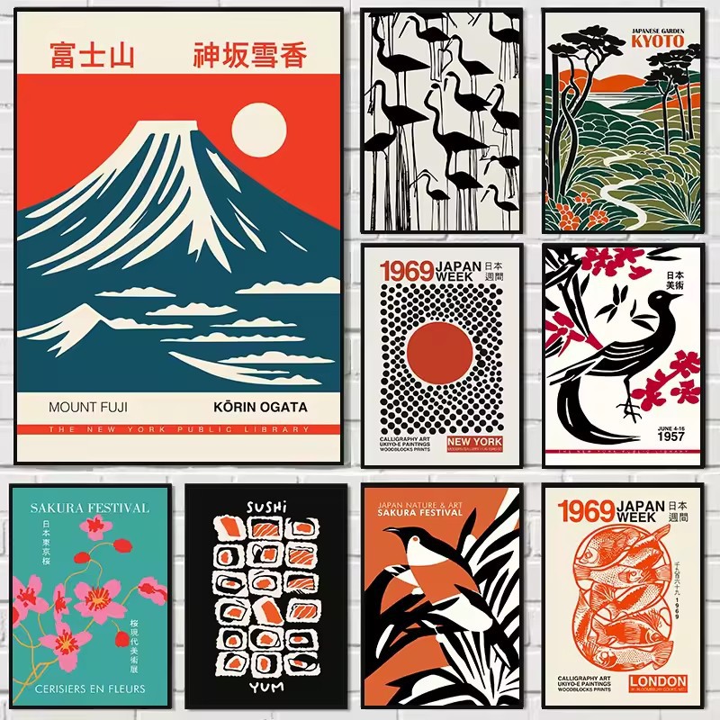 日本的复古文化海报和印刷帆布绘画自然山日本展览墙艺术图片