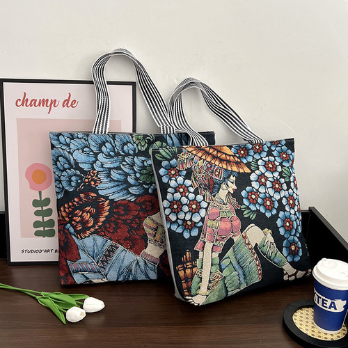  New Painted European and American Retro Bag Women's Fashion Ethnic Style Underarm Tote Bag Women's Shoulder Canvas Bag
