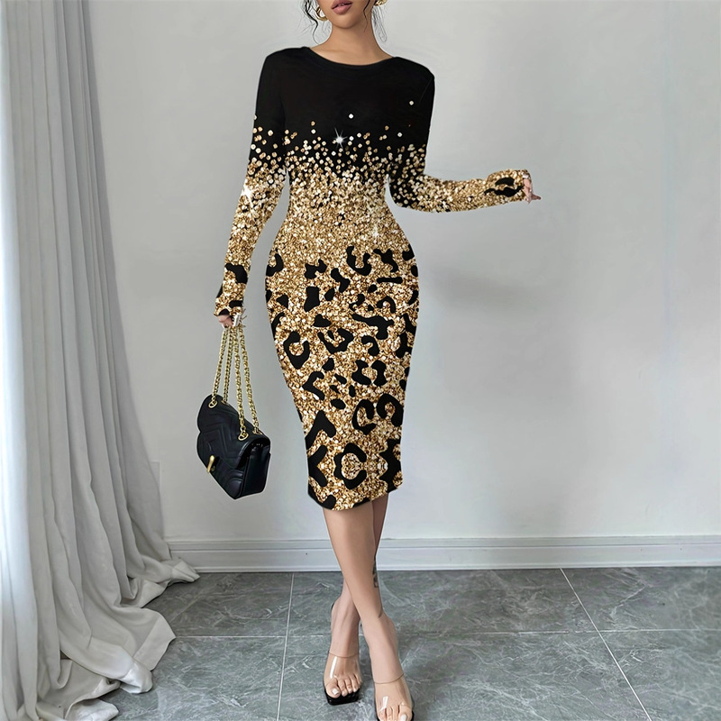 2025 New Autumn Dress Fashionable Leopard Print Gradient Printed Round Neck Long Sleeve Mid-Length Dress