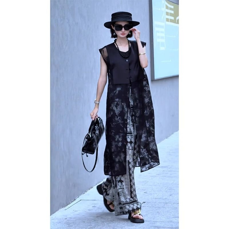 Jinbukang New Chinese Style Black Mid-Length Lace Patchwork Vest Dress Printed Pants Set for Women 20 Jinbukang New Chinese Style Black Mid-Length Lace Patchwork Vest Dress Printed Pants Set for Women 20
