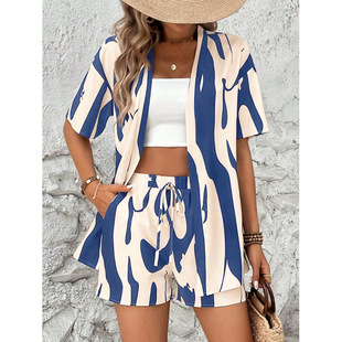 2025 Cross-Border European and American Export Women's Random Printed Short-Sleeved T-Shirt and Shorts Simple Daily Dress Suit