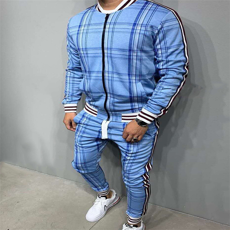 Cross-border Men's Plus Size Sports And Leisure Suits Europe And The United States Fashion Plaid Jacket Zipper Jacket Tethered Trousers Two Pieces