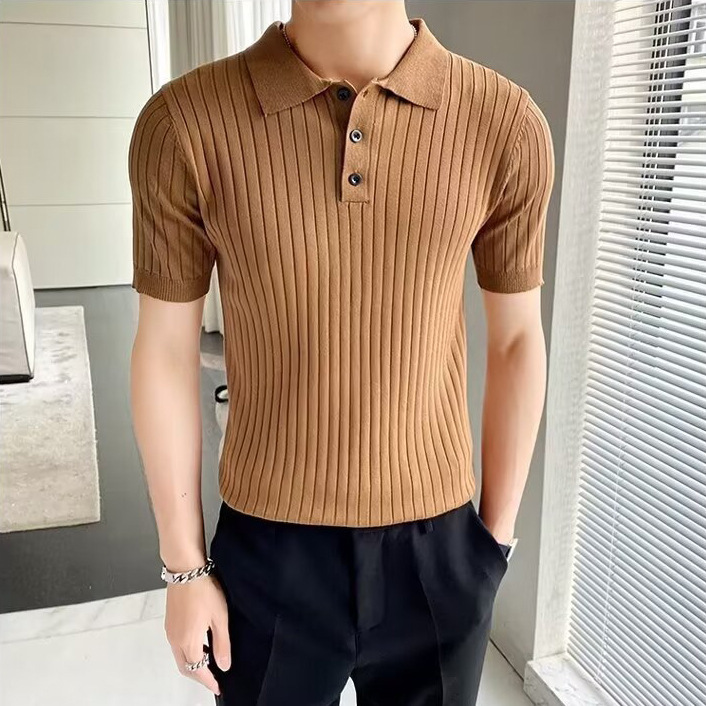 Business Casual Men's Polo Short-Sleeve Summer European and American Business Style Turn-Down Collar Button Slim Knit Shirt Cross-Border Foreign Trade Wholesale