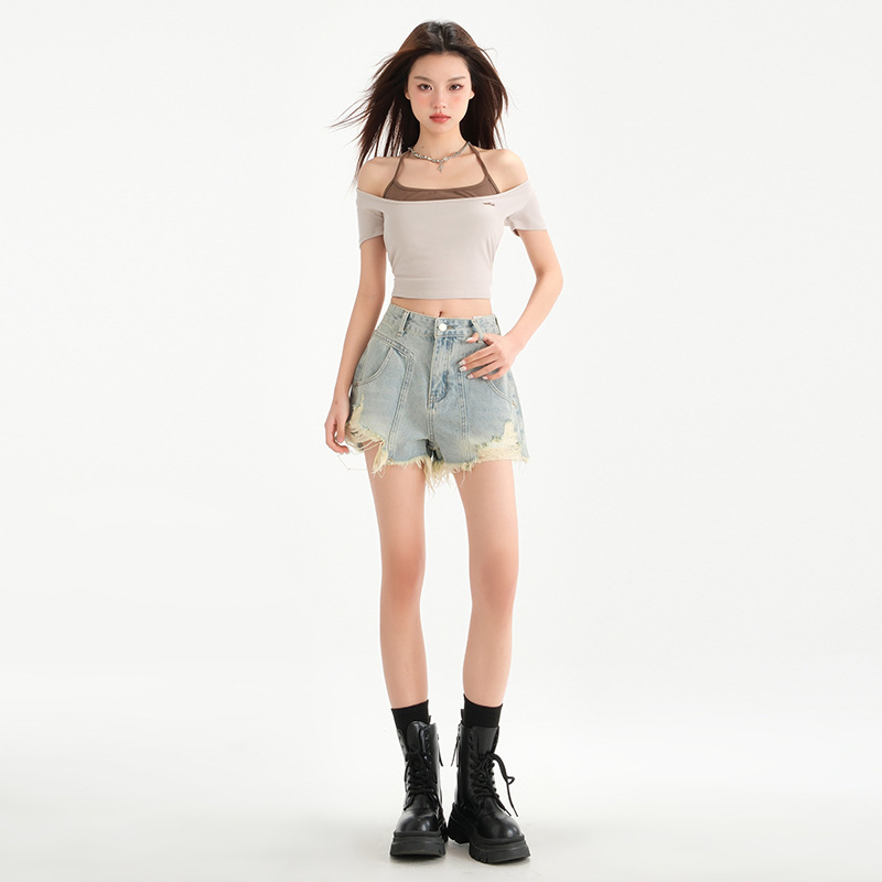 Xintang Unique Super Good-looking Rearing Denim Shorts Women's 2025 Summer New light blue Rave Outer Wear Hot Pants