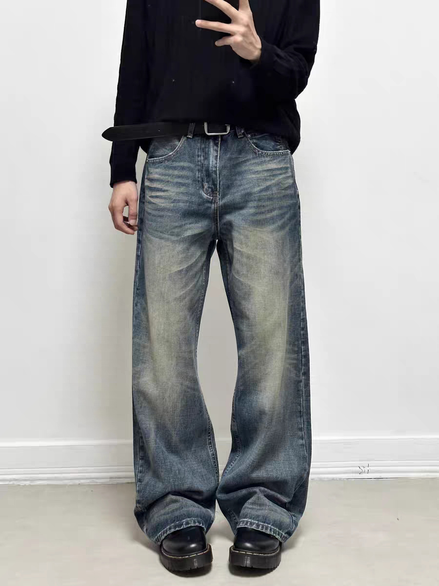 Goinsk Men's Flared Jeans CleanFit Wide Leg Pants Retro American Loose Fit For Spring Autumn_mkmklike.com