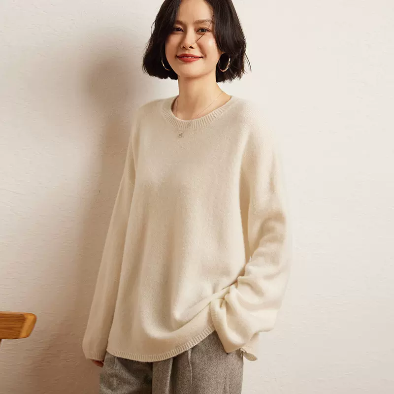 2024秋冬新女短款山羊绒宽松圆领纯色套头内搭上衣打底针织衫毛衣