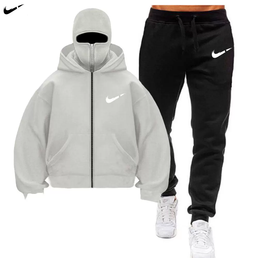 跨境新潮牌欧美时尚运动套装休闲秋冬加绒宽松男士双帽设计连帽