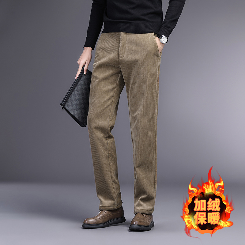 Pantalones casuales de negocios ligeros de pana de alta calidad pantalones de traje de otoño e invierno para hombres pantalones de hombre forrados de lana engrosados de mediana edad y ancianos