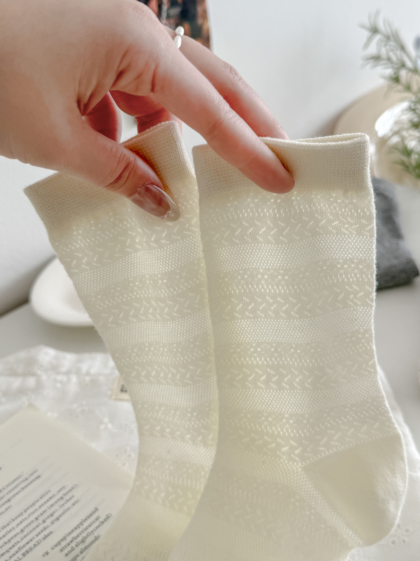 Minimalist Vintage Pointelle Knit Cotton Blend Crew Socks Detail View 2