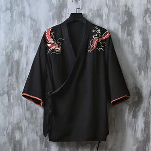 2023 Summer new Chinese style men's dragon pattern embroidery stitching contrast color cloak plus size half sleeve linen Hanfu