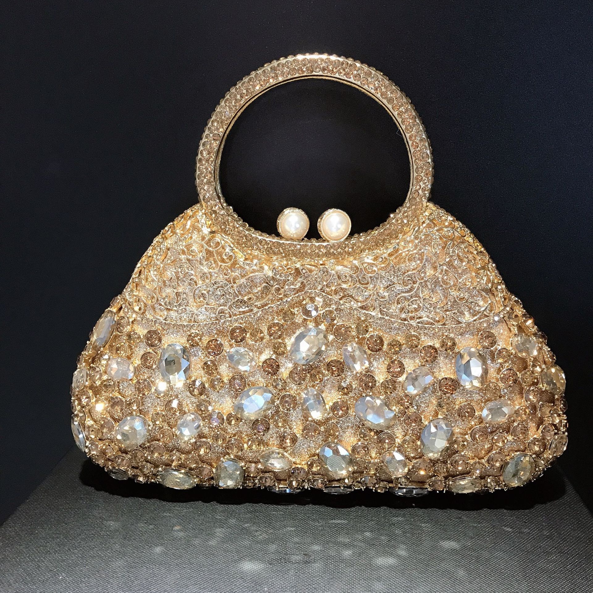Túi clutch nữ đính kim cương hình oval pha lê dạ hội — Nền vàng kim cương trắng, Đế Vàng Kim Cương, Màu bạc, Cá tính đặt làm chi tiết 2