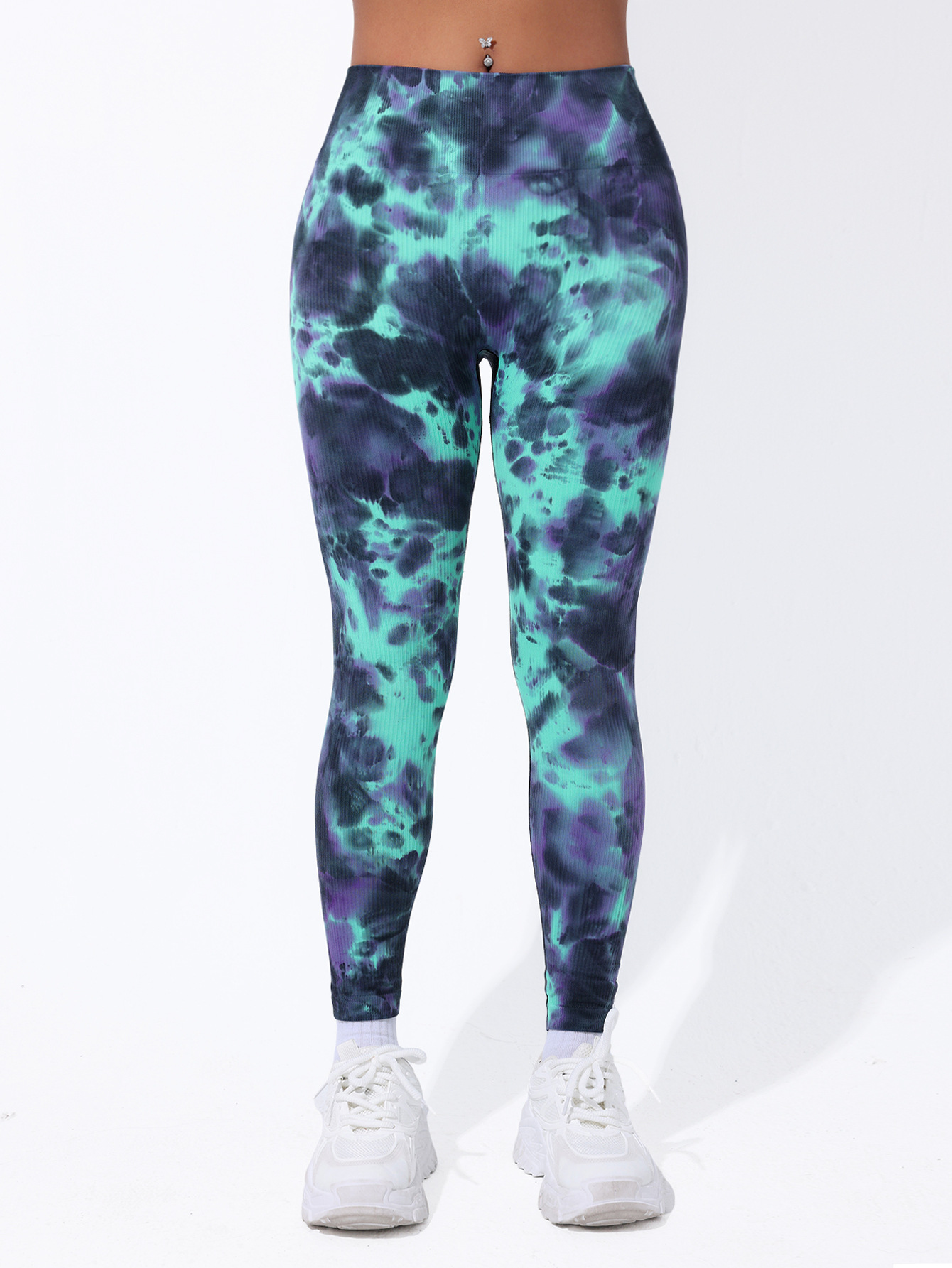 Transfronterizo V cintura gruesa atada de rosca teñida de pantalones de camisa de mujer sin costura de cintura alta leggings deportivos para correr pantalones de fitness