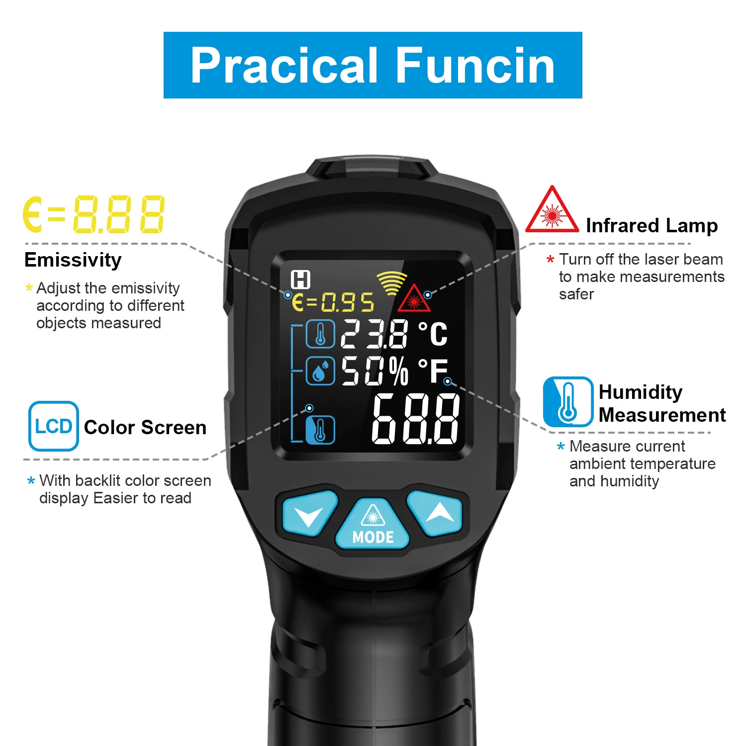 Пистолет для измерения температуры Промышленный Многофункциональный термометр ручной инфракрасный термометр Температура масла для выпечки Кухня Тест температуры пищи