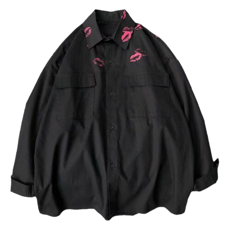 Camisa blanca de manga larga con estampado de labios para hombres y mujeres camisa suelta de moda perezosa de alto grado de diseño de nicho delgado de verano