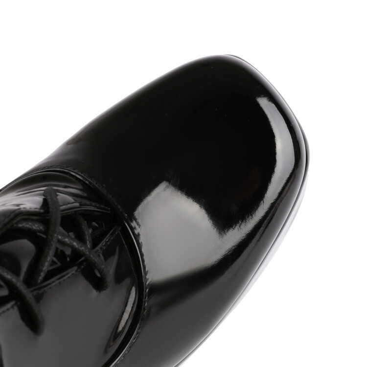 New patent leather front lace-up square buckle round head waterproof platform chunky high-heeled over-the-knee boots for women_voghion.com