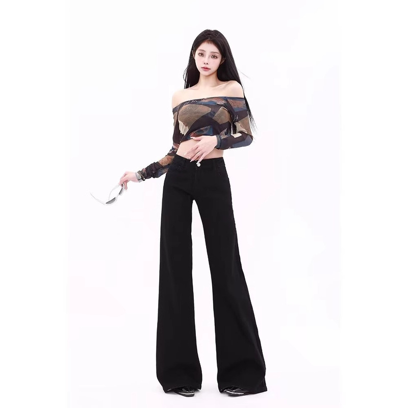 Real shot American low waist beautiful girl classic slim black washed micro wide leg jeans mop casual pants Real shot American low waist beautiful girl classic slim black washed micro wide leg jeans mop casual pants