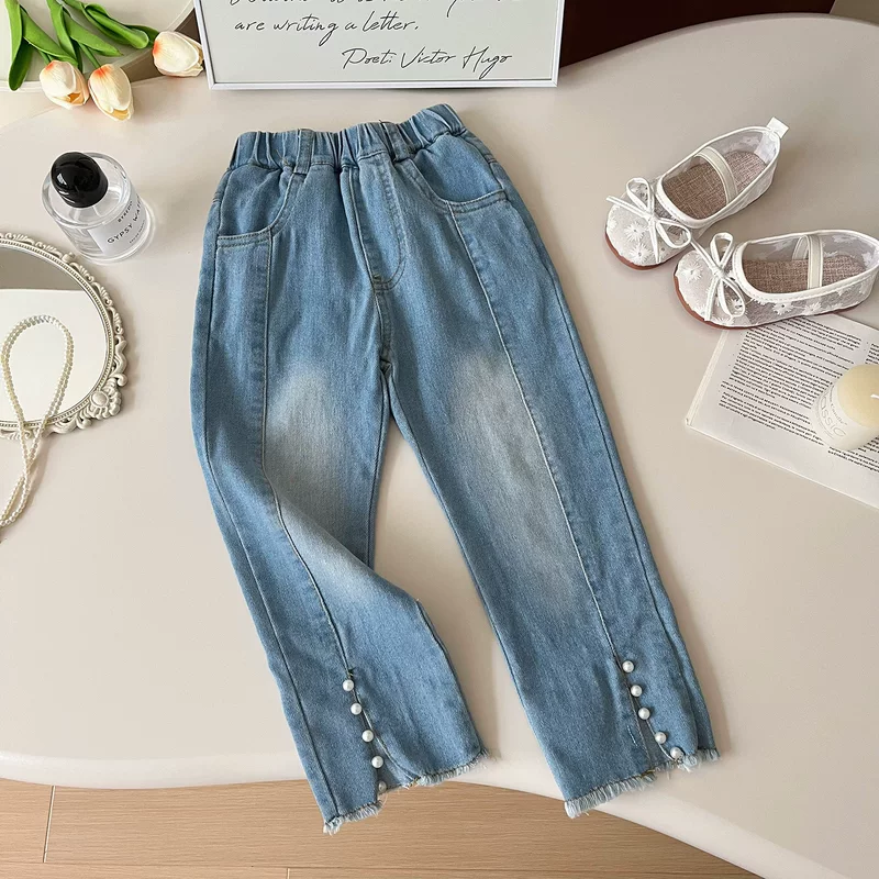 Детские модные джинсы из жемчуга, девочке, одежда для детей, slim fit