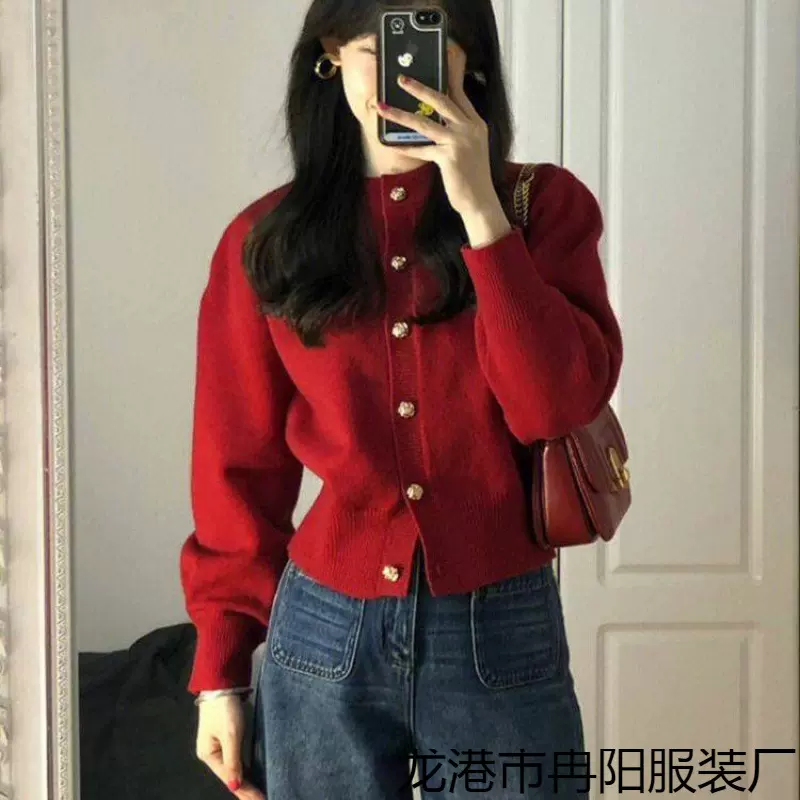 早春秋冬爆款喜庆新年本命年红色软糯收腰针织开衫短款上衣毛衣女