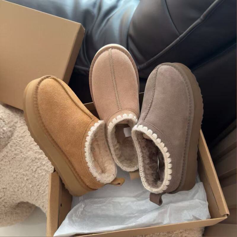 Ethnic Style Winter Women's Genuine Leather Platform Wool Thick-Soled Tasman Snow Boots Cotton Shoes with Toe Cap for Warmth