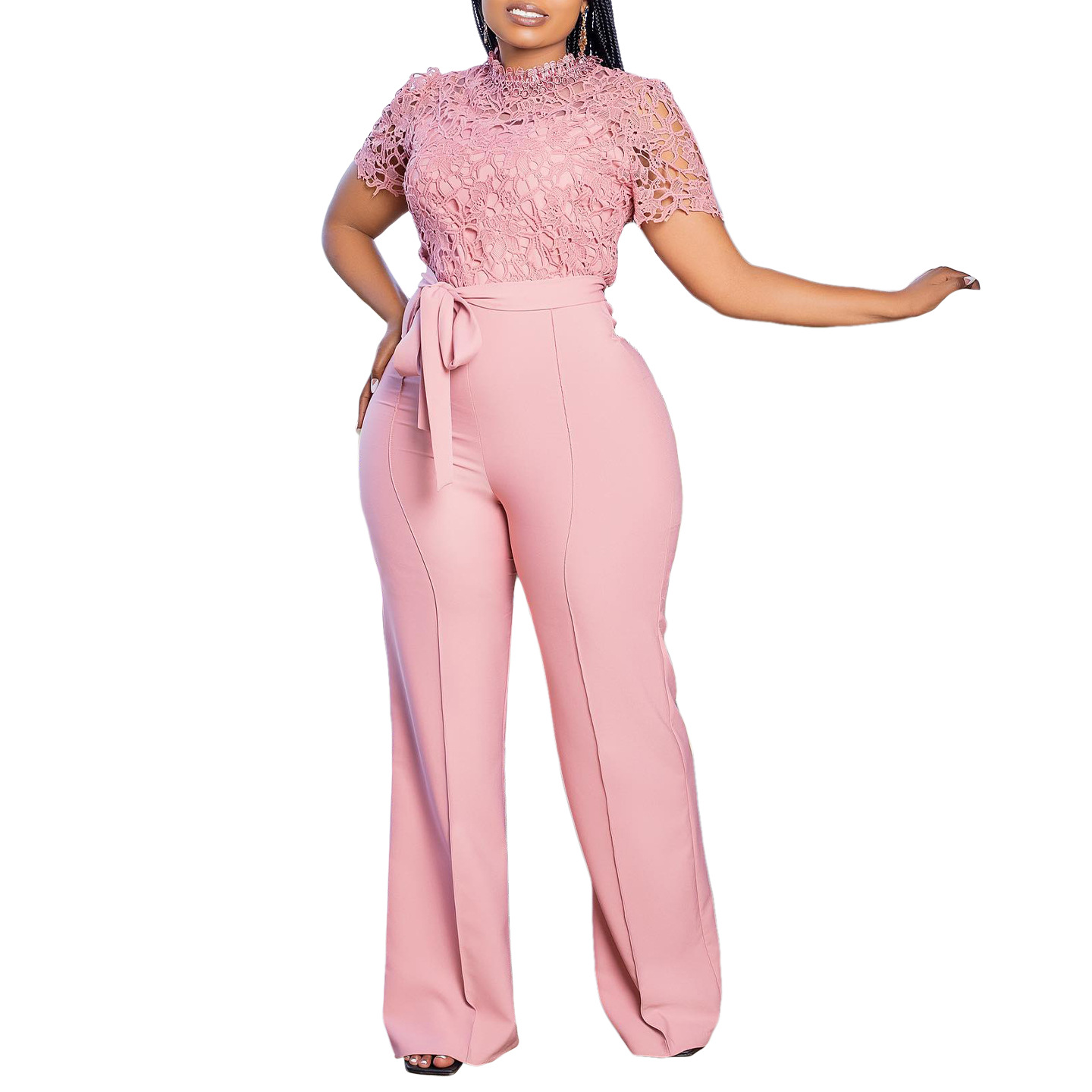 546g Weight Short Sleeve Sleeve Length Polyester Fabric Type High Waist Waist Line Jumpsuits Pants Type Daily Occasion Loose Fit Type Solid Color Pattern Summer Season Women's Gender Lace Design Casual Style Women's Daily Casual Solid Color Lace Jumpsuits 32