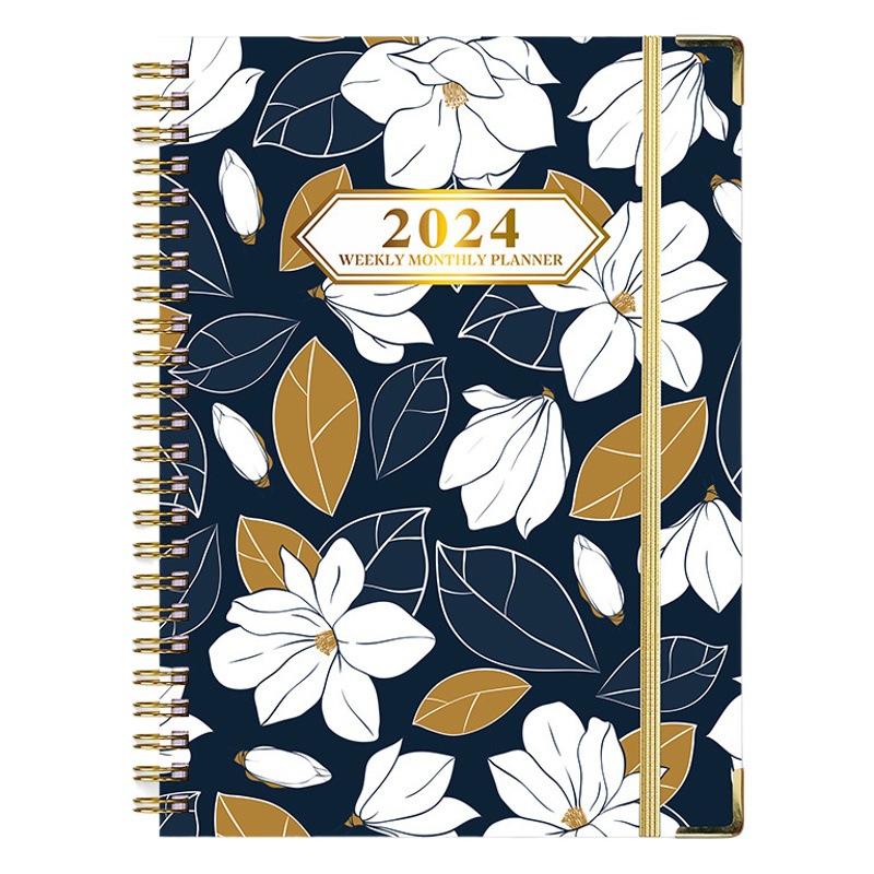 Agenda A5 transfronteriza de 26 años con páginas separadas para planificación de trabajo, registro de entrada, cuaderno de espiral en inglés.