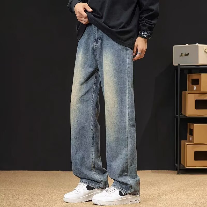 American Style Trendy Brand Jeans for Men, New Spring and Summer Washed High Street Elastic Waist Straight Pants, Youth Casual Wide-Leg Pants American Style Trendy Brand Jeans for Men, New Spring and Summer Washed High Street Elastic Waist Straight Pants, Youth Casual Wide-Leg Pants