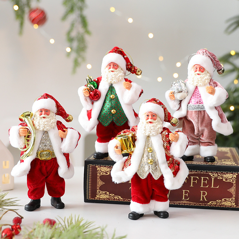 Santa Claus Christmas Doll Ornament – 18cm Fabric Decoration For Tree & Shelf (Red/Green, Pink, Red-Gold With Horn Or Drum)_voghion.com