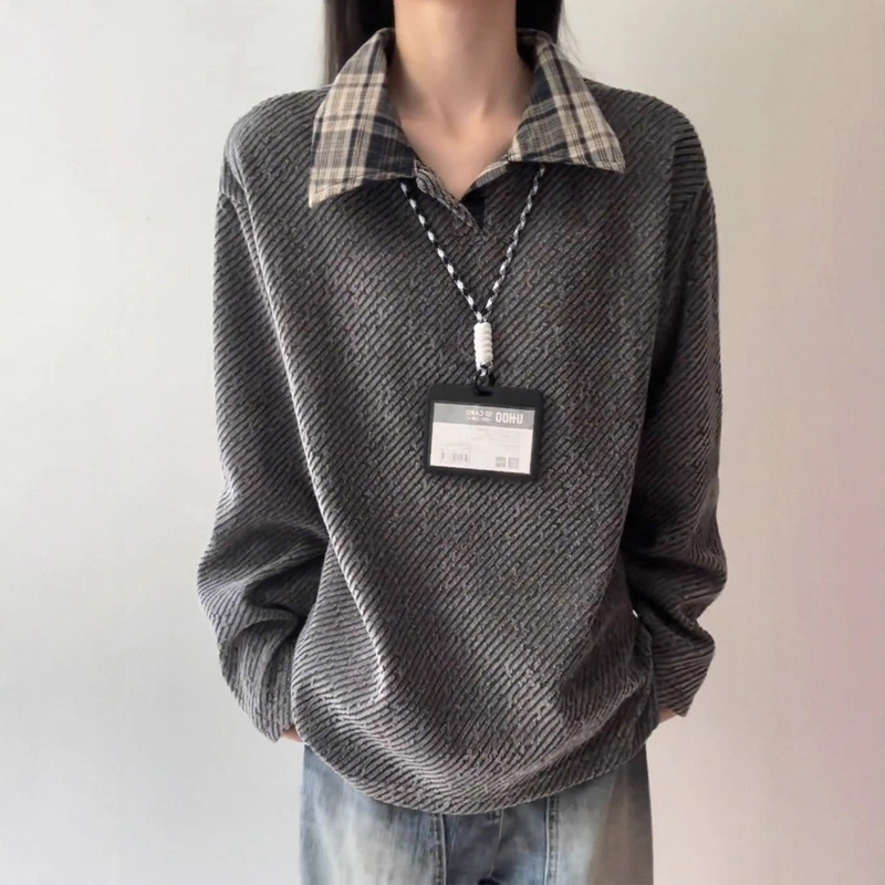 Dark Gray Chenille Thick Woolen Polo Sweatshirt Men's Autum American Heavy Long-Sleeved T-Shirt Small Fragrant Knitwear