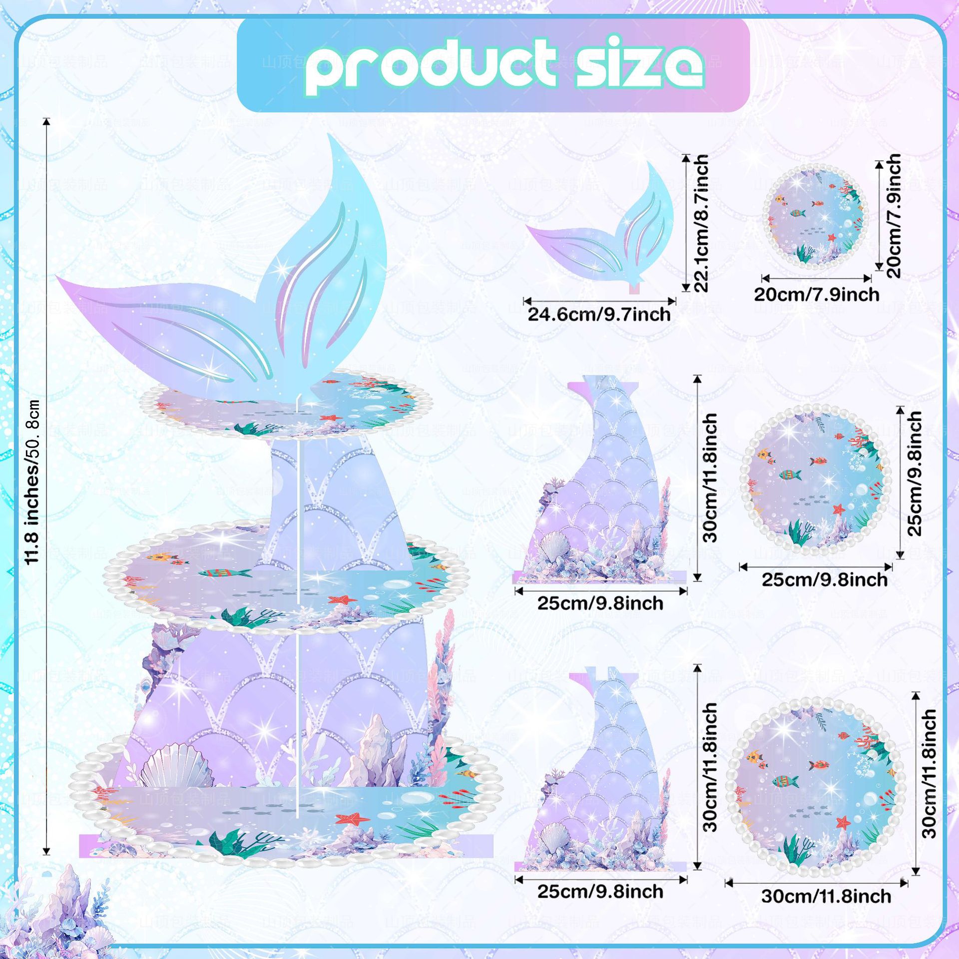 Sirena tema capa de dibujos animados pastel de cumpleaños suministros desechables mesa de pastel de tres capas