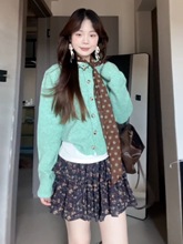 早秋氛围感绿色毛衣针织开衫外套女新款森系复古宽松气质上衣