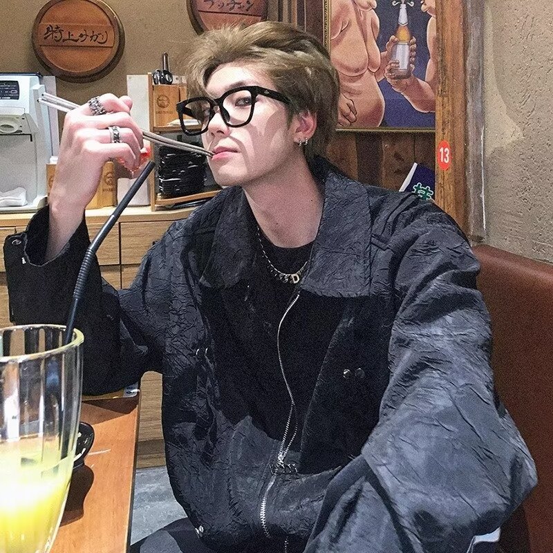 美式复古铆钉褶皱情侣外套男女生国潮春秋众高级感拉链翻领夹克潮