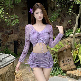度假风网红比基尼bikini分体四件套韩版性感套装印花长袖游泳衣女