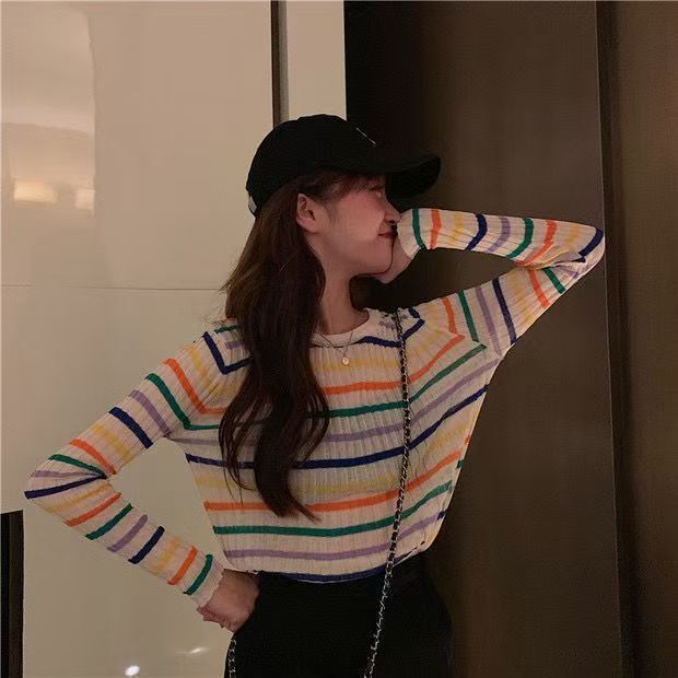 Autumn New Colorful Striped Base Shirt Korean Version Slim Fit Pullover Round Neck Long Sleeve Lazy Knit Top