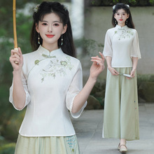 好质量款中国风改良旗袍棉麻刺绣立领修身文艺茶服上衣雪纺裤套装